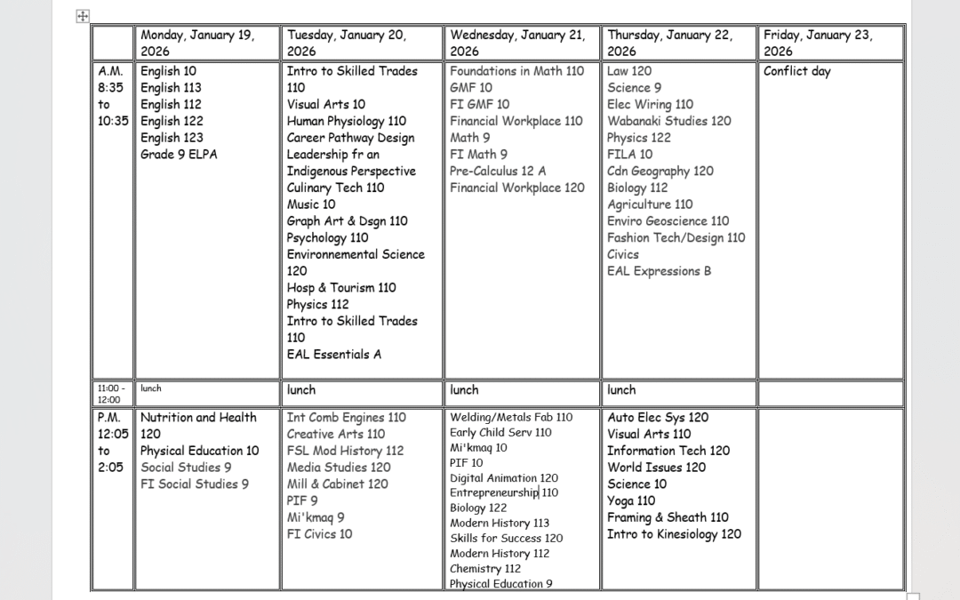Exam schedule